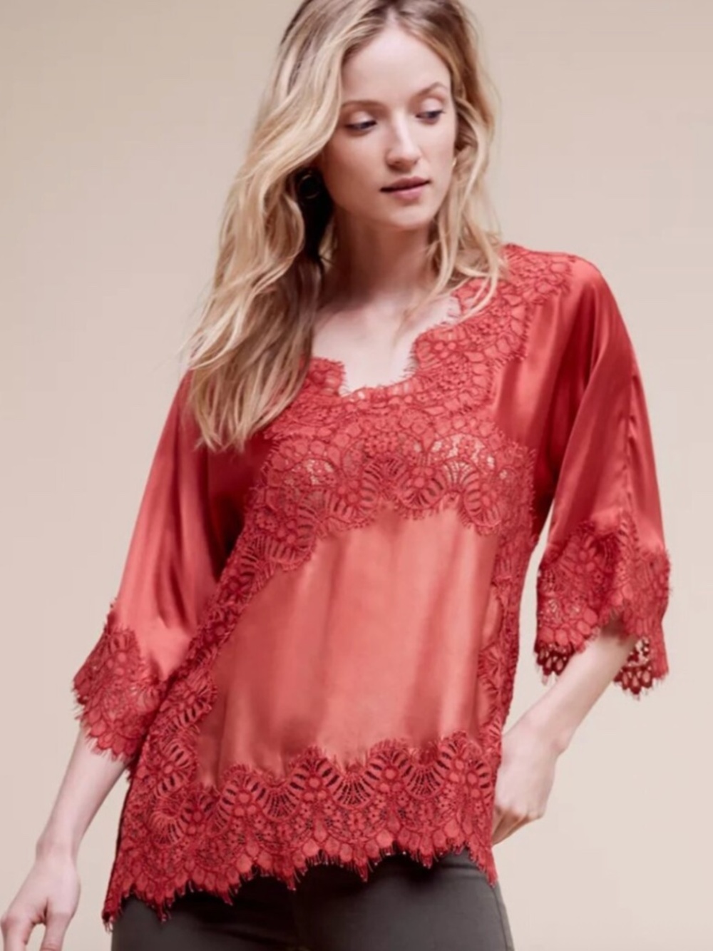 Anthropologie Moulinette Soeurs Terracotta Lace and Satin Top Size XL